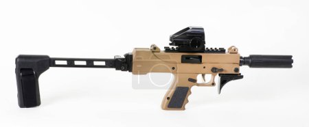 Photo for 9mm auto pistol with  silencer,red dot sight and folding brace. - Royalty Free Image
