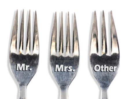 Photo for Silver forks with Mr. , Mrs. , and Other on them. - Royalty Free Image