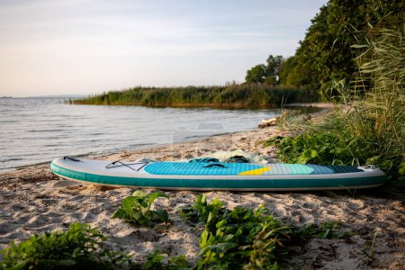Téléchargez les photos : Planche à pagaie sur la côte du lac au coucher du soleil - en image libre de droit