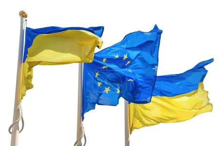 Photo for Ukraine and European Union flags on poles, Ukrainian flag isolated on white background - Royalty Free Image