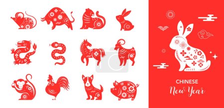 Chinese new year 2023 year of the rabbit - red traditional Chinese zodiac illustrations. Lunar new year concept, modern vector design. Translation: Happy Chinese new year