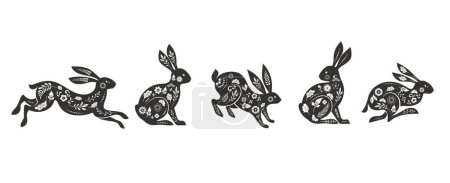 Collection of rabbits, bunnies illustrations. Chinese new year 2023 year of the rabbit - set of traditional Chinese zodiac symbol, illustrations, art elements. Lunar new year concept, modern vector
