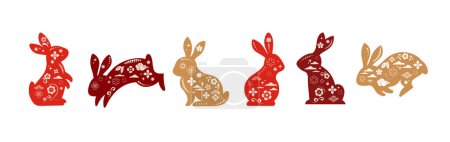 Collection of rabbits, bunnies illustrations. Chinese new year 2023 year of the rabbit - set of traditional Chinese zodiac symbol, illustrations, art elements. Lunar new year concept, modern vector