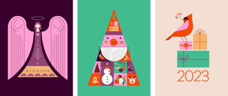 Merry Christmas modern design, holiday gifts, winter elements, candles, Christmas tree, village and Xmas decorations. Colorful vector illustration in flat geometric cartoon style. Minimalistic design
