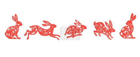 Collection de lapins, illustrations de lapins. Nouvel an chinois 2023 année du lapin - ensemble de symboles traditionnels chinois du zodiaque, illustrations, éléments d'art. Concept de nouvel an lunaire, vecteur moderne