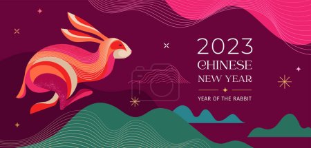 Chinesisches Neujahr 2023 Jahr des Hasen - lila traditionellen chinesischen Designs mit Kaninchen, Hasen. Mondneujahr-Konzept, modernes Vektordesign. 