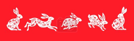 Illustration for Collection of rabbits, bunnies illustrations. Chinese new year 2023 year of the rabbit - set of traditional Chinese zodiac symbol, illustrations, art elements. Lunar new year concept, modern vector - Royalty Free Image