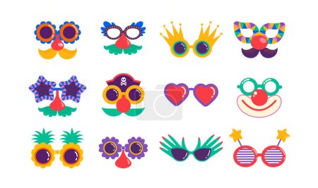 Quirky, funny and Groucho nose glasses. Carnival, Purim, festival masks, costumes parts. Colorful vector design 