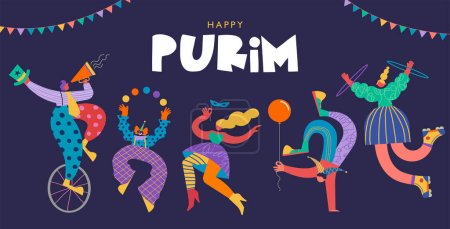 Illustration pour Joyeux Pourim - fête juive, Carnaval. Fond géométrique coloré avec des gens abstraits, des clowns, des musiciens, des danseurs. Conception vectorielle - image libre de droit
