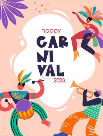 Happy Carnival, Brazil, South America Carnival with samba dancers and musicians. Festival and Circus event design with funny boneless artists, dancers, musicians and clowns. Colorful vector background