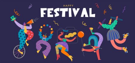 Téléchargez les illustrations : Happy Carnival, Festival et Cirque design d'événements avec des artistes drôles, danseurs, musiciens et clowns. Street art, concept de carnaval. Fond coloré avec confettis - en licence libre de droit