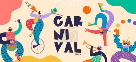 Happy Carnival, Festival und Circus Eventdesign mit lustigen Artisten, Tänzern, Musikern und Clowns. Street Art, Karnevalskonzept. Bunte Hintergrund mit Konfetti 