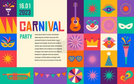 Ilustración de Feliz Carnaval, fondo geométrico colorido con salpicaduras, burbujas de habla, máscaras y confeti. Diseño vectorial - Imagen libre de derechos