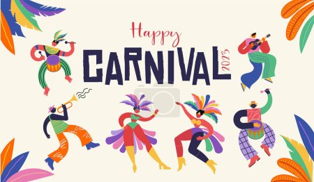 Happy Carnival, Brazil, South America Carnival with samba dancers and musicians. Festival and Circus event design with funny artists, dancers, musicians and clowns. Colorful vector background 