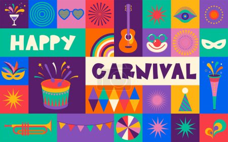 Ilustración de Feliz Carnaval, fondo geométrico colorido con salpicaduras, burbujas de habla, máscaras y confeti. Diseño vectorial - Imagen libre de derechos