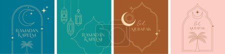 Collection of post templates design, minimal linear style Islamic Ramadan Kareem. Moon, mosque dome and lanterns. Minimalistic illustrations