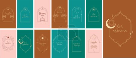 Collection of story design, minimal linear style Islamic Ramadan Kareem. Moon, mosque dome and lanterns. Minimalistic illustrations