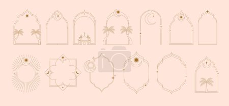 Téléchargez les illustrations : Collection of minimal linear style Islamic windows and arches with modern boho design, moon, mosque dome and lanterns. Minimalistic vector illustrations - en licence libre de droit