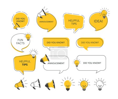 Illustration for Collection of yellow and black speech bubbles, megaphones and light bulbs. Fun facts, trivia, idea concept design. Vector illustrations - Royalty Free Image