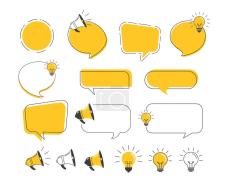 Illustration for Collection of yellow and black speech bubbles, megaphones and light bulbs. Fun facts, trivia, idea concept design. Vector illustrations - Royalty Free Image