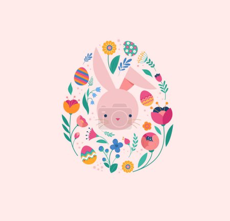 Illustration for Happy Easter, decorated geometric style Easter card, banner. Bunnies, Easter eggs, flowers and basket. Modern minimalist vector design - Royalty Free Image