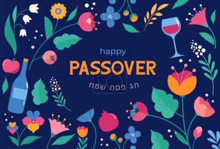 Fiesta judía Pascua, Pesaj. Tarjeta de felicitación, banner con iconos tradicionales. Diseño de vectores de concepto de primavera. Feliz Pascua en hebreo.