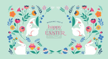 Happy Easter, decorated geometric style Easter card, banner. Bunnies, Easter eggs, flowers and basket. Modern minimalist vector design