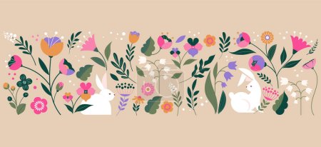 Hello spring, Summer time, Happy Easter, decorated modern style card, banner. Bunnies, flowers and basket. Colorful minimalist vector design
