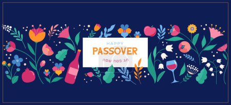 Fiesta judía Pascua, Pesaj. Tarjeta de felicitación, banner con iconos tradicionales. Diseño de vectores de concepto de primavera. Feliz Pascua en hebreo.