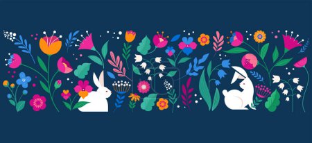 Hola primavera, hora de verano, feliz Pascua, decorado tarjeta de estilo moderno, bandera. Conejitos, flores y canasta. Colorido diseño vectorial minimalista