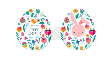 Feliz Pascua, decorado tarjeta de estilo moderno, bandera. Huevos estampados con conejitos, flores y cesta. Colorido diseño vectorial minimalista