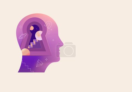 Illustration for Psychology, Dream, Mental Health concept illustration. Brain, neuroscience and creative mind poster, cover. Vector modern illustration - Royalty Free Image