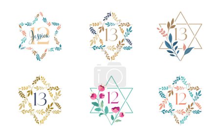 Ilustración de Símbolo judío. Estrella de David con hojas, colección de flores. Bat y Bar Mitzvah concepto de diseño. ilustraciones vectoriales - Imagen libre de derechos