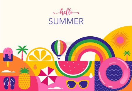 Illustration for Colorful Geometric Summer Background, poster, banner. Summer time fun concept design promotion vector design - Royalty Free Image