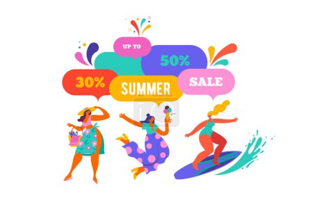 Illustration for Summer festival, summer sale poster, modern style characters, people at summer. Swimming, traveling, surfing, making fun on beach and pool. Vector illustrations - Royalty Free Image