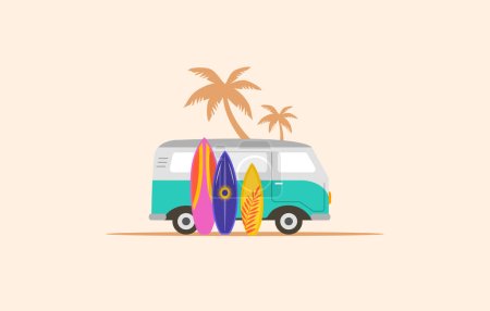 Vintage blue microbus, surf van car with surfboard and palm trees on background. Vector illustration