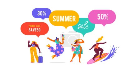 Illustration for Summer festival, summer sale poster, modern style characters, people at summer. Swimming, traveling, surfing, making fun on beach and pool. Vector illustrations - Royalty Free Image