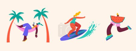 Illustration for Collection of colorful, modern style characters, people at summer. Swimming, traveling, surfing, making fun on beach and pool. Vector illustrations - Royalty Free Image