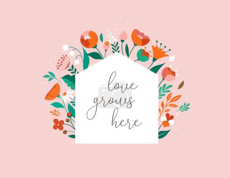 Illustration for Home illustration with flowers pattern. Home sweet home, family sign, wall print or card. Vector illustration - Royalty Free Image