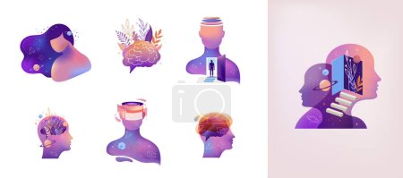 Illustration for Psychology, Dream, Mental Health concept collection of illustrations. Brain, neuroscience and creative mind poster, cover. Vector design - Royalty Free Image