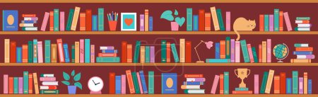 Ilustración de Ilustración del concepto de librería. Muchos libros en el estante, reloj, gato, planta y globo. Diseño vectorial - Imagen libre de derechos
