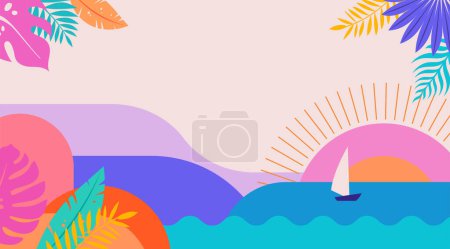 Illustration for Colorful Geometric Summer Landscape Background, poster, banner. Summer time fun concept design promotion vector design - Royalty Free Image