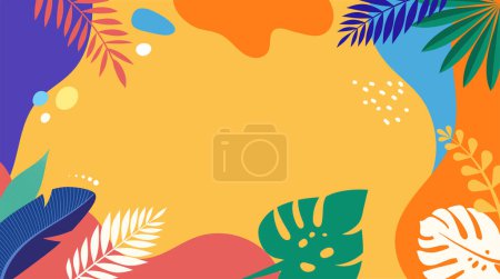 Illustration for Colorful summer background - horizontal layout banner design. Tropical leaves template for poster, flyer or greeting card. Vector illustration. - Royalty Free Image