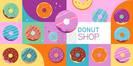Téléchargez les illustrations : Donuts icônes pastel colorées, éléments graphiques et collection d'illustrations. Conception vectorielle - en licence libre de droit