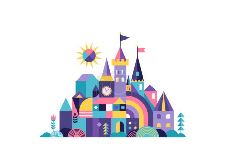 Illustration for Colorful fairy tale medieval castle flat vector illustration. - Royalty Free Image