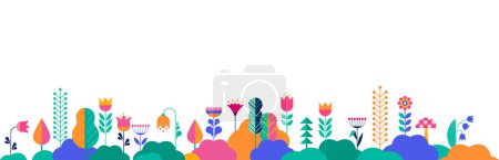 Illustration for Colorful summer border in simple flat style with copy space for text - background with trees, plants and flowers - backdrop for greeting cards, posters, banners and flyers. Vector illustration. - Royalty Free Image