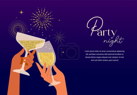 Illustration for Cocktail party night template design. Hands holding cocktails, wine and Champaign glasses. Anniversary, birthday greeting card, vector concept design - Royalty Free Image