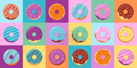 Téléchargez les illustrations : Donuts motif coloré, fond de bannière, collection d'icônes et d'illustrations - en licence libre de droit