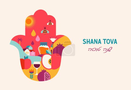 Hamsa with Rosh Hashanah symbols inside. Shana Tova, Translate from Hebrew - Happy New Year, flat vector design