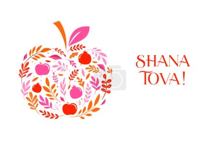 Rosh Hashaná fondo, bandera floral con plantas, flores, manzanas y granada. Shana Tova, Feliz Año Nuevo Judío, diseño de vectores conceptuales